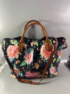 Cavalcanti Italian Black Leather Floral Spring Summer Drawstring Satchel Bag